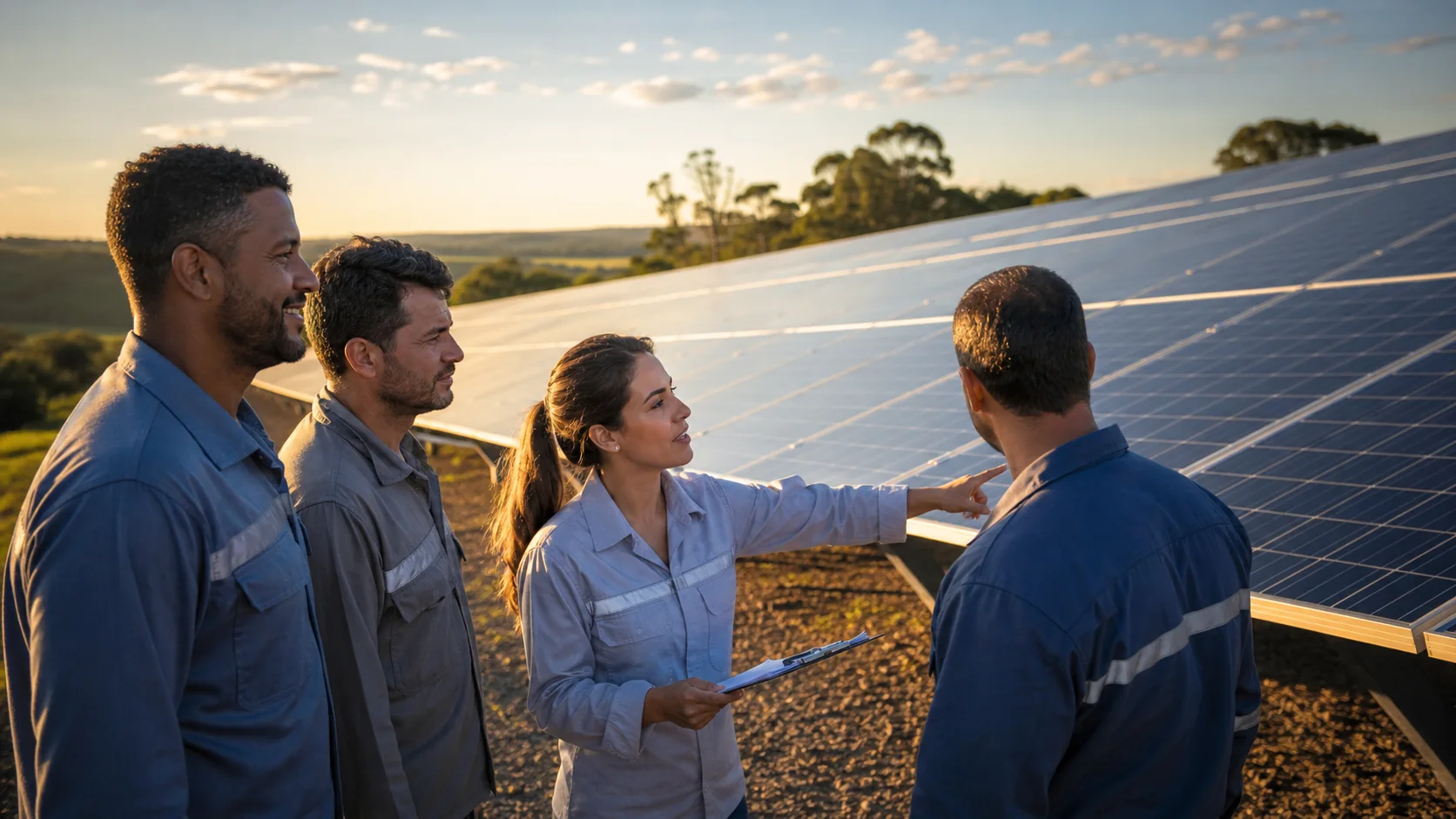 Equipe técnica acompanhando uma instalação de energia solar